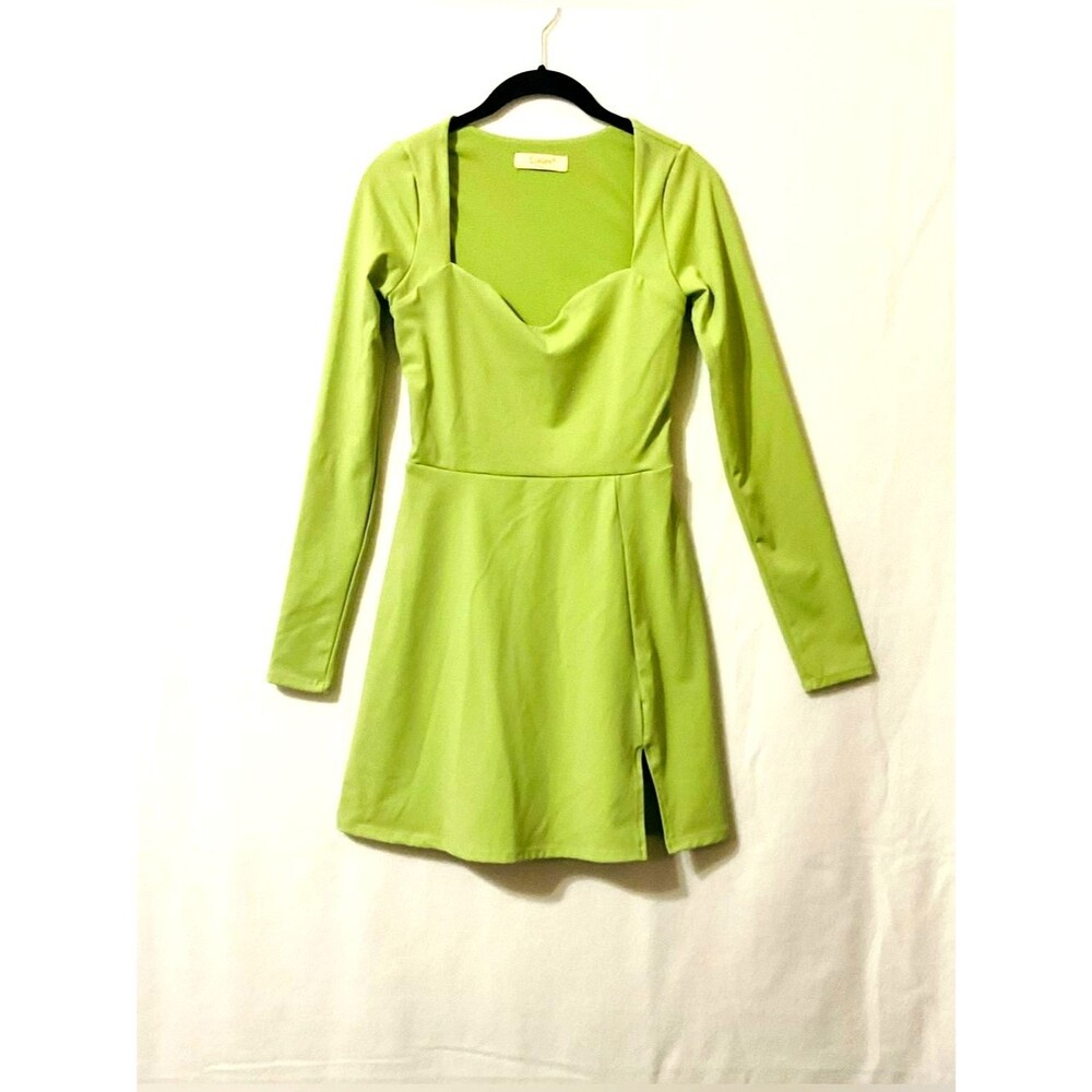 Qinsen Lime Green Sweetheart Neck Long Sleeve Mini Skater Dress With Slit M